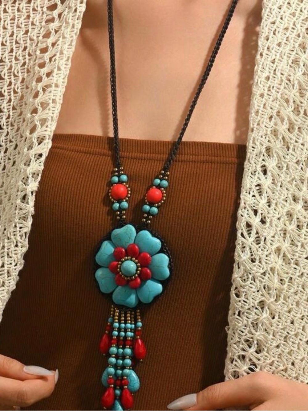 Floral Pendant Necklace  Turquoise & Red